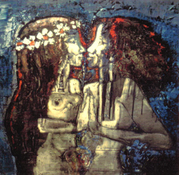 Roger Descombes, Couple Egyptien, 1968 - «Flower Power » , huile sur massonite, vers 1968
